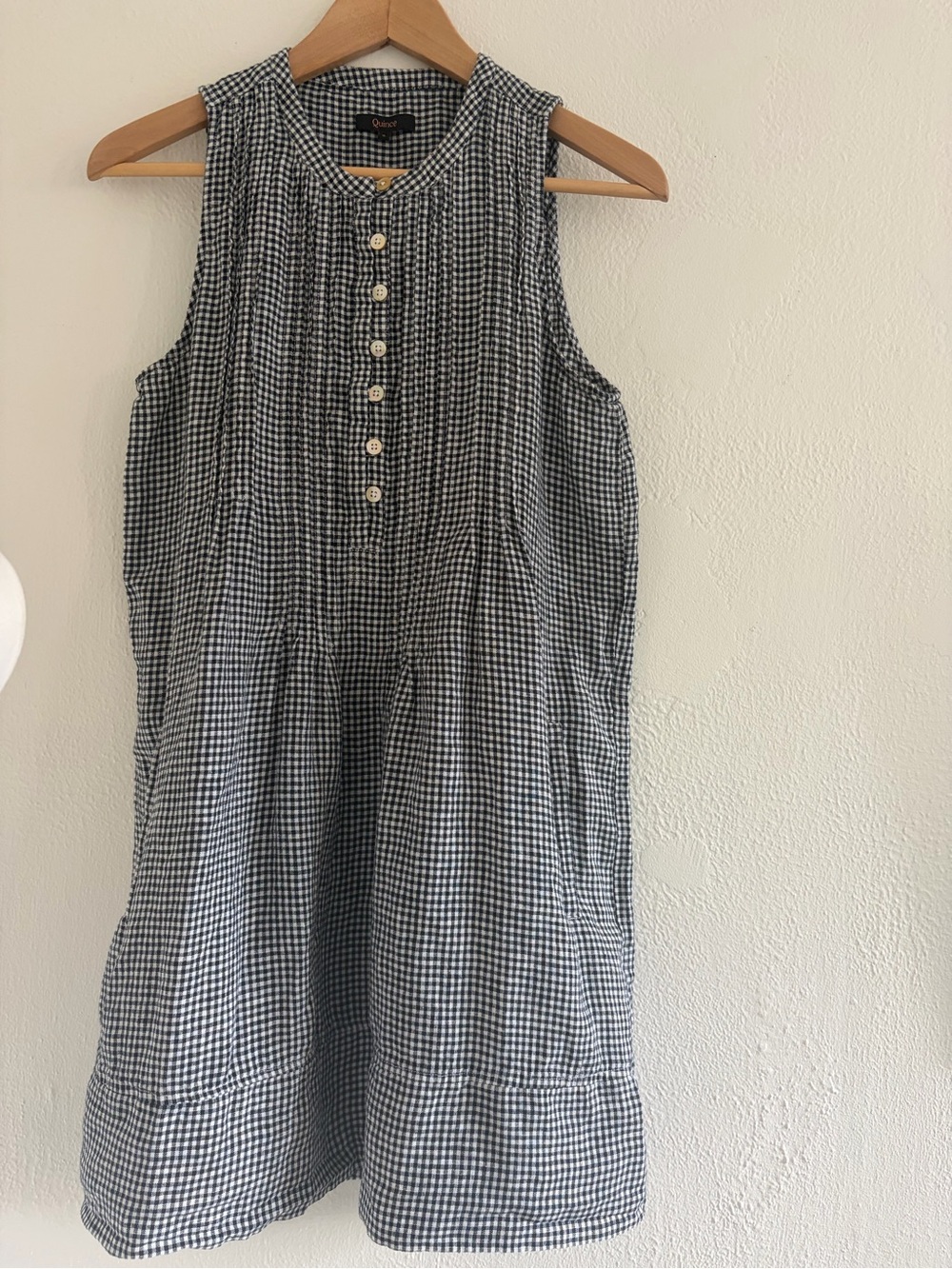 Quince Black and White Gingham Sleeveless Button Front 100% linen dress